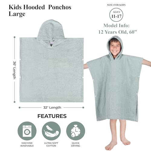 Image of Superior Kids Cotton Terry Poncho, Soft, Absorbent Bath Towel with Hood, Bathroom Accessories, Long, Plush Bathrobes for Bath, Shower, Spa, Resort, Hotel, Beach, Pool, Boy, Girl, Large Size, Sage