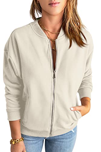 GeGekoko Sweat-shirt zippé femme veste surdimensionnée sweat-shirt couleur unie ample manches longues hauts tops avec poche, Beige/gris, XXL