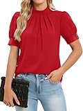 Funlingo Blouses for Women Dressy Casual Short Puff Sleeve Mock Neck Work Tops Business Casual Outfits 2026 Spring Shirts Red 3XL