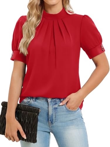 Funlingo Blouses for Women Dressy Casual Short Puff Sleeve Mock Neck Work Tops Business Casual Outfits 2026 Spring Shirts Red 3XL