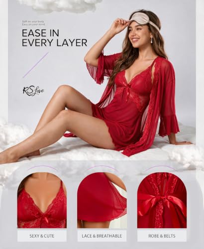 Image of RSLOVE Women Sexy Lingerie Set - 3 Piece Babydoll & Lace Kimono Robe Strap Chemise Nightgown Mesh Sleepwear