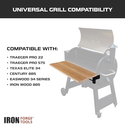 Image of Iron Forge Tools 26x12 Composite Folding Grill Shelf Accessory - Pellet Smoker Barbeque Charcoal Grill Accessories - Compatible with Traeger Pro, Ironwood Texas Elite, Eastwood