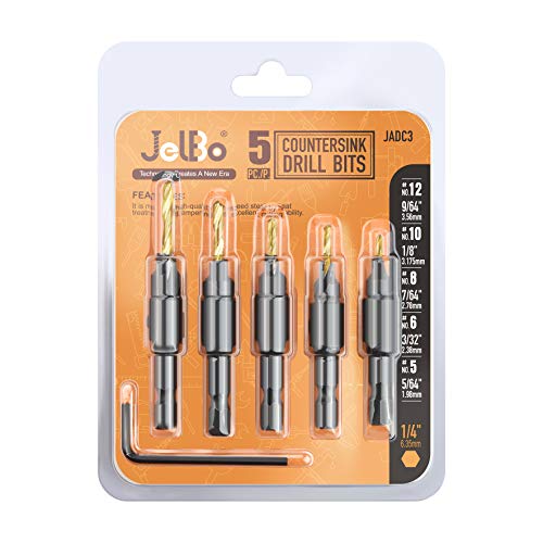 Countersink Drill Bit Set for Wood - JelBo Metal Hex Shank Counter Sinker Drill Bit Set with Quick Change, High Speed Steel Countersink Drill for Plastic, Wood 5Pcs(Golden)