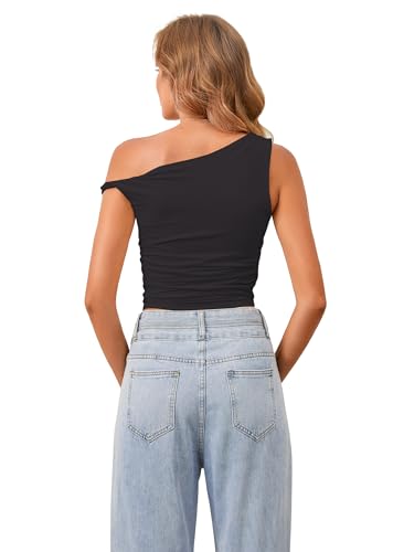 Ythomm Women One Shoulder Ruched Crop Tank Tops Casual Off The Shoulder Twist Strap Summer Tanks Tops Going Out Crop Shirts4