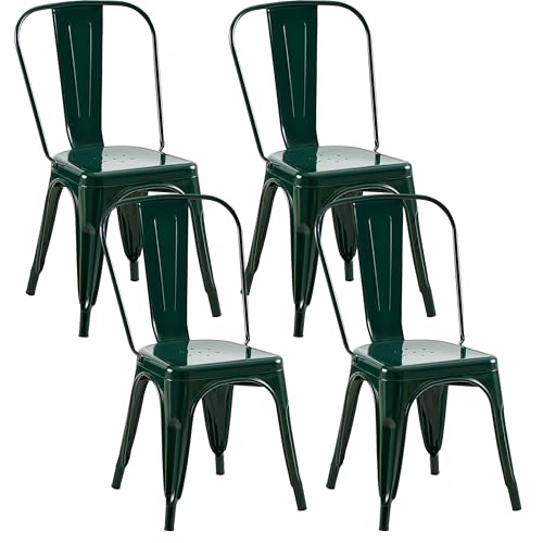 Image of Metal Dining Chairs with Backrest, Stackable, Dark Green, 4 Pack | Easy Assembly, Non-Slip Feet, 330 lb Capacity, Kitchen, Restaurant, Cafe, Pub, Covered Patio