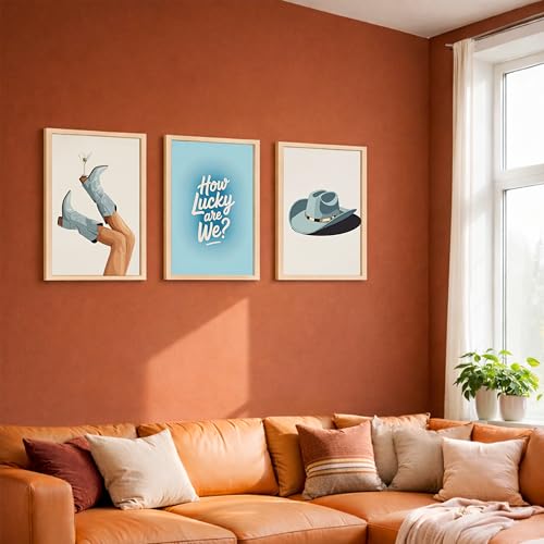 Image of NoWorries Cowboy Western Wall Art Framed Painting Set of 3 | Boots, Hat & inchHow Lucky Are We inch Quote Prints with Frame | Vintage Western Aesthetic Decor Frames | Rustic Country Wall Art for Living Room, Bedroom and Bar, Framed Artwork Ready to Hang (Art-5, 10x13inch, Wooden)
