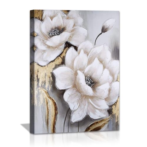 DEORAIO Tela artistica da parete con fiori bianchi, decorazione da parete con fiori astratti, opere d'arte moderna per soggiorno, camera da letto, bagno, 30,5 x 40,6 cm
