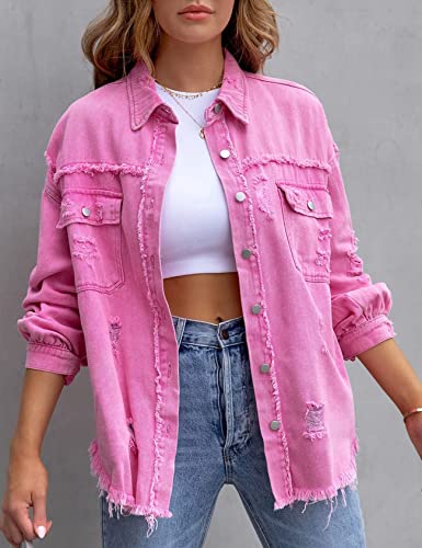 LifeShe Women's Denim Jacket Oversized Button Down Jean Shirts Shacket Ripped Distressed Frayed Coat4