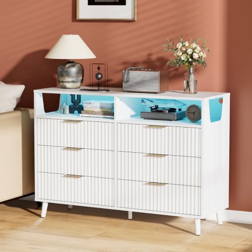 Image of VINGLI Fluted White Dresser, Led Dresser 6 Drawer, White Wood Bedroom Dressers TV Stand, Modern, 47 inch W*15.75 inch D*33 inch H