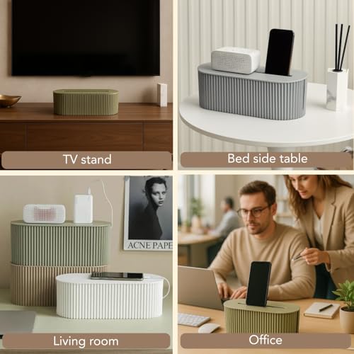 Image of Soko Cable Management Box with Mobile Stand | Cords Hider & Surge Protector | Concealer for Power Strips, Router, TV, Gadget Wires Storage Organizer Tray for Desk, Table - Home, Office - Beige