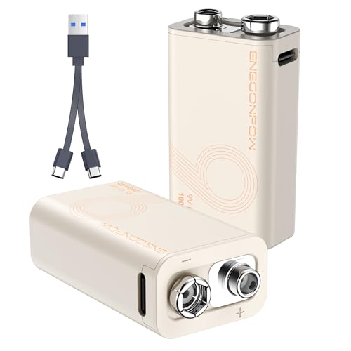 ENEGONPOW Pilas Recargables de 9V, Paquete de 2 1000mAh 3,7V de Ion de Litio con Carga USB C e Indicadores LED para detectores de Humo, micrófonos, alarmas, linternas