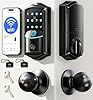 Veise VE027-K Built-in WiFi Smart Lock with 2 Knob, Fingerprint Keyless Entry Door Lock Handle Set for Front Door, App Remote Control, Electronic Digital Keypad Deadbolt, IP65 Waterproof, Matte Black