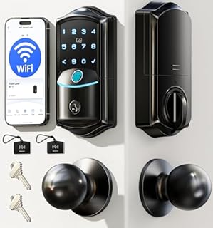 Veise VE027-K Built-in WiFi Smart Lock with 2 Knob, Fingerprint Keyless Entry Door Lock Handle Set for Front Door, App Remote Control, Electronic Digital Keypad Deadbolt, IP65 Waterproof, Matte Black