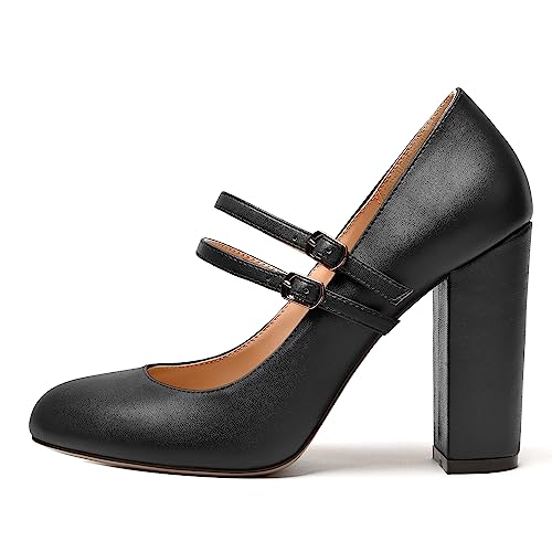 NUMALEO Womens Ankle Strap Round Toe Buckle Stylish Fashion Party Matte Block High Heel Pumps Shoes 4 Inch2