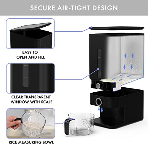 Retail Blade 25Lb Rice Dispenser - Air Tight Grain & Rice Container With Easy To Use Dispensing, Measuring Cup, & Sponge - New Black Design Grain Storage Container #TOP4