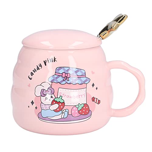 Tazas de café de cerámica de 450 ml, lindas tazas de café, taza de té con tapa, cuchara para mujeres, madres, niñas, amantes, amigos, regalos(Strawberry) Cover