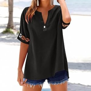 CNANRNANC T-shirt pour femme Manches Courtes Col V Décontracté T-shirt(Black XXL)