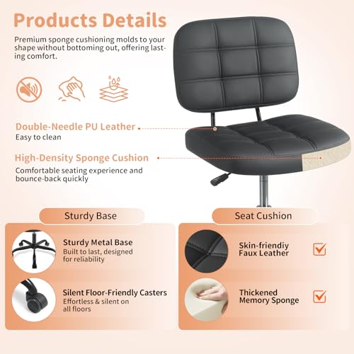 Image of Armless Home Office Desk Chair - Small Swivel Office Desk Chairs with Rolling Wheels - Height Adjustable PU Leather Computer Chair with Comfy Low Back - For Small Space, Bedroom, Home, Vanity - Black | SGS Certified Gas Lift, Adjustable Height, 250lb Weight Capacity, PU Leather, Quiet Wheels, Fits Under Desk, 6 Color Options