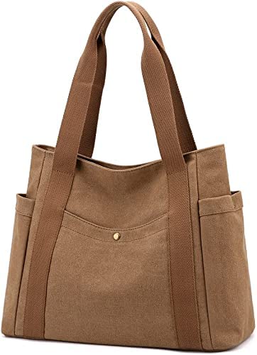 Cotanza Women's Canvas Tote Handbags Multi-pocket Retro Casual Shoulder Bag Top Handle Satchel Tote Purse