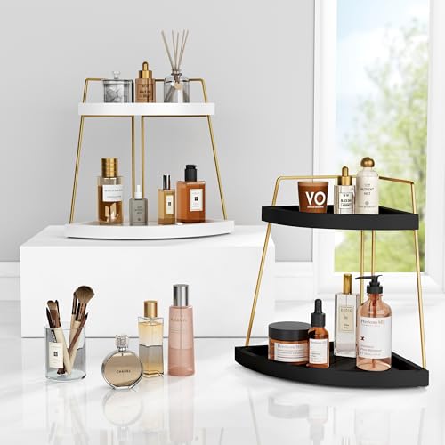 Forbena Black and Gold Corner Bathroom Counter Organizer, Modern Kitchen Countertop Shelf Organizer for Sink, Two Tier Makeup Vanity Storage Holder Tray for Table Top Skincare Perfume Decor