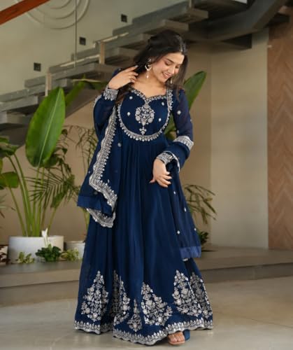Image of Women Omkar Textile's Georgette Anarkali Gown with Dupatta Set, Embroidered, Wedding, Floor Length
