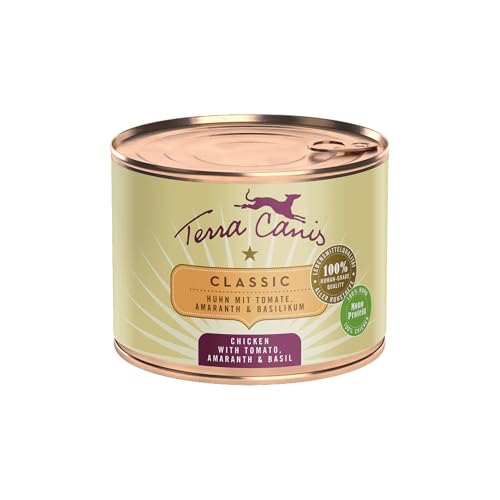 Terra Canis Pollo, tomate, amaranto y albahaca, alimento húmedo clásico, 200 g, comida para perros de alta calidad 100% de calidad alimentaria, todas las materias primas, rico y saludable, sin