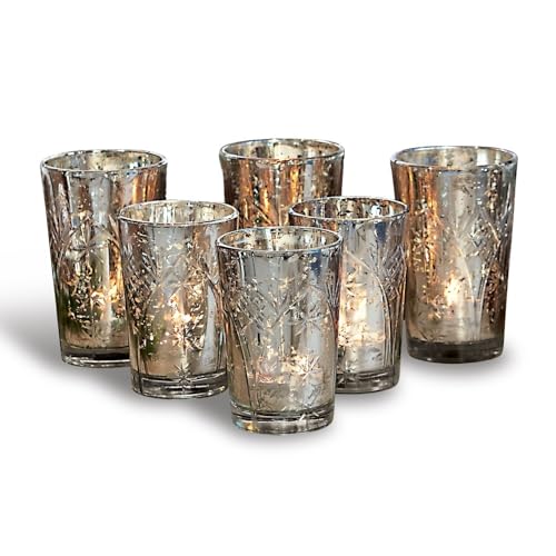 Loberon Lot de 6 photophores Latona | Photophores décoratifs en Verre | Fait à la Main | Décoration de Noël | Argent Antique | 6 photophores en 2 Tailles,...