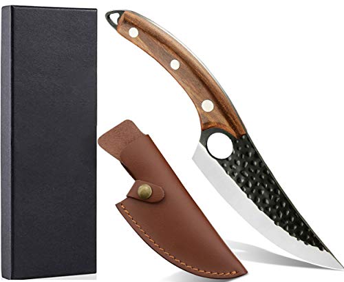 Handmade Boning Knife with Leather Sheath for Meat Cutting. Butcher Knife, Chef Meat Cleaver Knife. High Carbon Steel Fillet Knifes for Kitchen, Outdoor, Camping, Deboning, Tactical (D-Boning Knife)