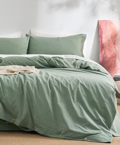 Image of JELLYMONI 100% Washed Cotton Green Duvet Cover Twin, Linen-Like