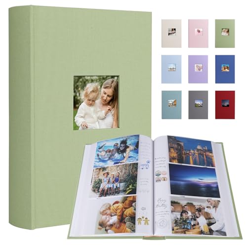 1DOT2 Photo Album 4x6 420 Photos With Writing Space, Linen Cover With Memo Slip-in Pockets, Pictures Album Book for Wedding Kids Travel Family Baby (Sage Green)