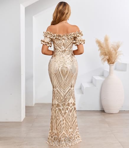 Image of dasmzper Women Sexy Sequin Off Shoulder Ruffle Short Sleeve Bodycon Mermaid Party Formal Evening Maxi Dress