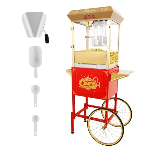 Image of 16Oz Commercial Popcorn Machine With Cart and 16 Oz Kettle, Movie Theater Popcorn Machine, Red Golden Pop Corn Machine with 3-Switch Control & Steel Frame Tempered Glass Doors