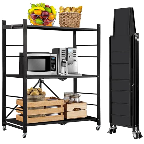 ABOUT SPACE Pre-Assembled Foldable Metal Rack with Wheels | 3 Tier Space Saving Kitchen Storage Rack Multifunctional Metal Microwave/OTG/Oven Stand - Upto 90kg for Home(Black - L 75 x B 36 x H 85 cm)