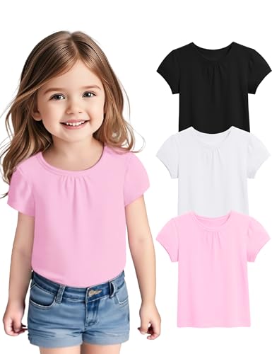 ZUEMET 3 Pack Toddler Girls Short Sleeve T-Shirts Pleated Crewneck Shirts Cotton Tee Tops Size 4T Black+White+Pink