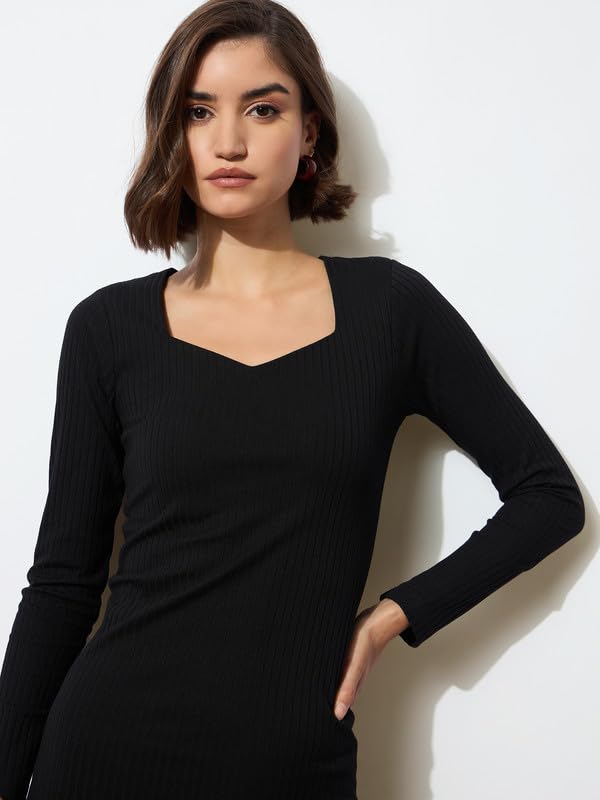 Image of barcino Black Rib Sweetheart Neck Knee Dress