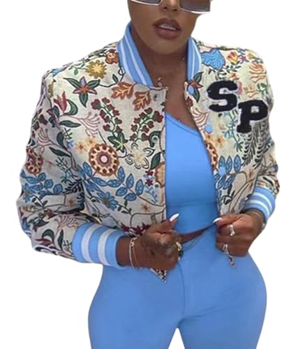 Varsity Jacket Women Floral Jacquard Long Sleeve Button Down Cropped Bomber Jacket Women 2025