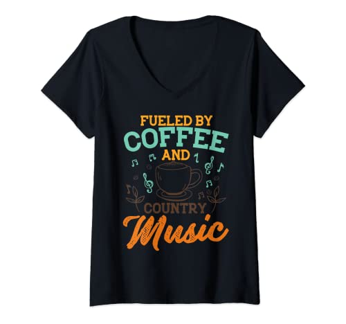 Mujer Divertido Country Música y Café Gráfico Country Music Amante Camiseta Cuello V