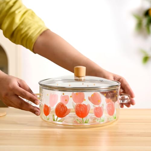 Image of Nestasia Glass Cooking Pot with Lid on Gas Stove (2.5L) - Tulip Printed Glass Casserole with Steam Vent for Cooking | Microwave & Dishwasher Safe, Lightweight & Durable Borosilicate Cookware