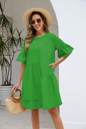 Image of Choichic Button Down Shirt Dresses for Women with Pockets Flare Bell Sleeve A-Line Midi Tunic Dress
