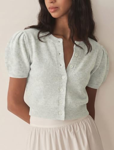 Image of Womens Puff Short Sleeve Cardigan Sweaters Cropped Button up Lightweight Y2k Knit Summer Cardigans