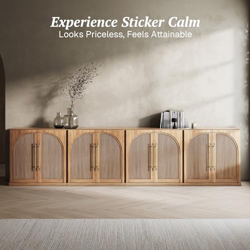 Image of BELLEZE Set of 4 Modular Sideboard with Double-Arc Wood Doors, 130'' Arched Buffet Cabinet with Storage and Adjustable Shelves, Classic Modern Credenza for Living Room Kitchen Entryway(Camel)