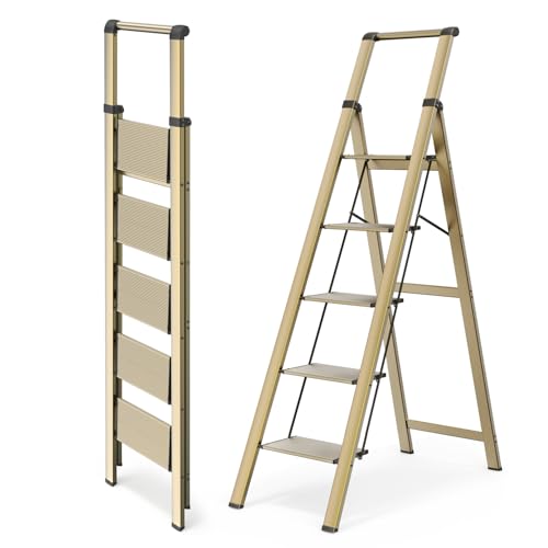 WOA WOA 5 Step Ladder, Ladders for Home, Anti-Slip Pedals, Aluminum Step Stool Foldable, Lightweight to Move, Ease of Storage, Reach 10ft for Closet Kitchen Library, Hold 300lbs - Gold