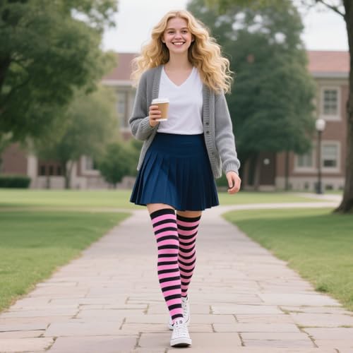 Image of AQOKKA Extra Long Thigh High Socks for Women Striped Long Stockings