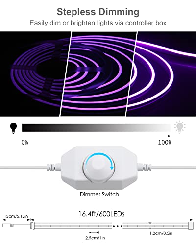 Alitove Neon Lights Strip Purple Silicone Flexible Dimmable Led Rope Light For Diy Neon Signs Bedroom Bar Wall Decor 16.4Ft 5M 600 Leds 12V Dc Waterproof With Diy Accessories Power Adapter Dimmer #TOP1