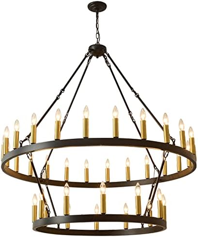 GOYQGLE 2 Tier Wagon Wheel Chandelier,Farmhouse Large Chandelier Light Fixture with 36 Lights E12 Bulbs Pendant Light Black Ceiling Lights for Living Room Dining Room Kitchen Island Foyer Entryway