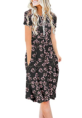 Image of DB MOON Women Summer Casual Short Sleeve Dresses Empire Waist Dress with Pockets