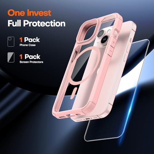 Image of TAURI for iPhone 15 Case, Compatible with MagSafe [Anti-Yellowing] with Screen Protectors, Military-Grade Protection, Shockproof Slim Magnetic Phone Case for iPhone 15 6.1 inch, Pink | with Screen Protector, Not-Yellowing Military-Grade Protection, Shockproof Slim Magnetic Case for iPhone 15