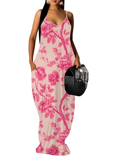 Image of Women Spaghetti Strap Maxi Dress with Pockets | Soft fabric relaxed fit sleeveless v neck with pockets for party and daily wear