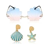 RAOPNHS Muschel Sonnenbrillen und Seestern Ohrringe Set – Goldrand, Blau-Rosa Verlaufsgläser – malle accessoires Für hawaii outfit damen,90er Jahre festival outfit damen, Strandparty & Festival