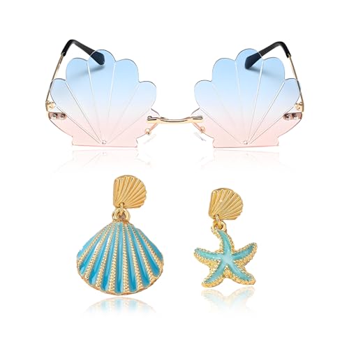 RAOPNHS Muschel Sonnenbrillen und Seestern Ohrringe Set – Goldrand, Blau-Rosa Verlaufsgläser – Accessoires Für Meerjungfrau Kostüm Damen,90er Jahre Karneval Kostüm Damen, Strandparty & Festival